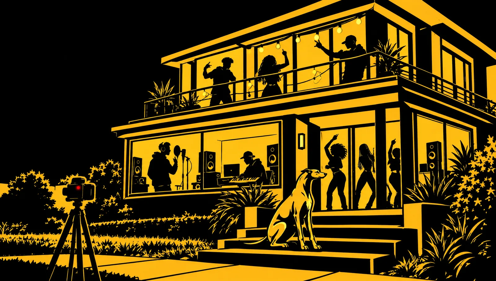 Ilustração da Casa Tamec à noite, janelas acesas e artistas gravando lá dentro