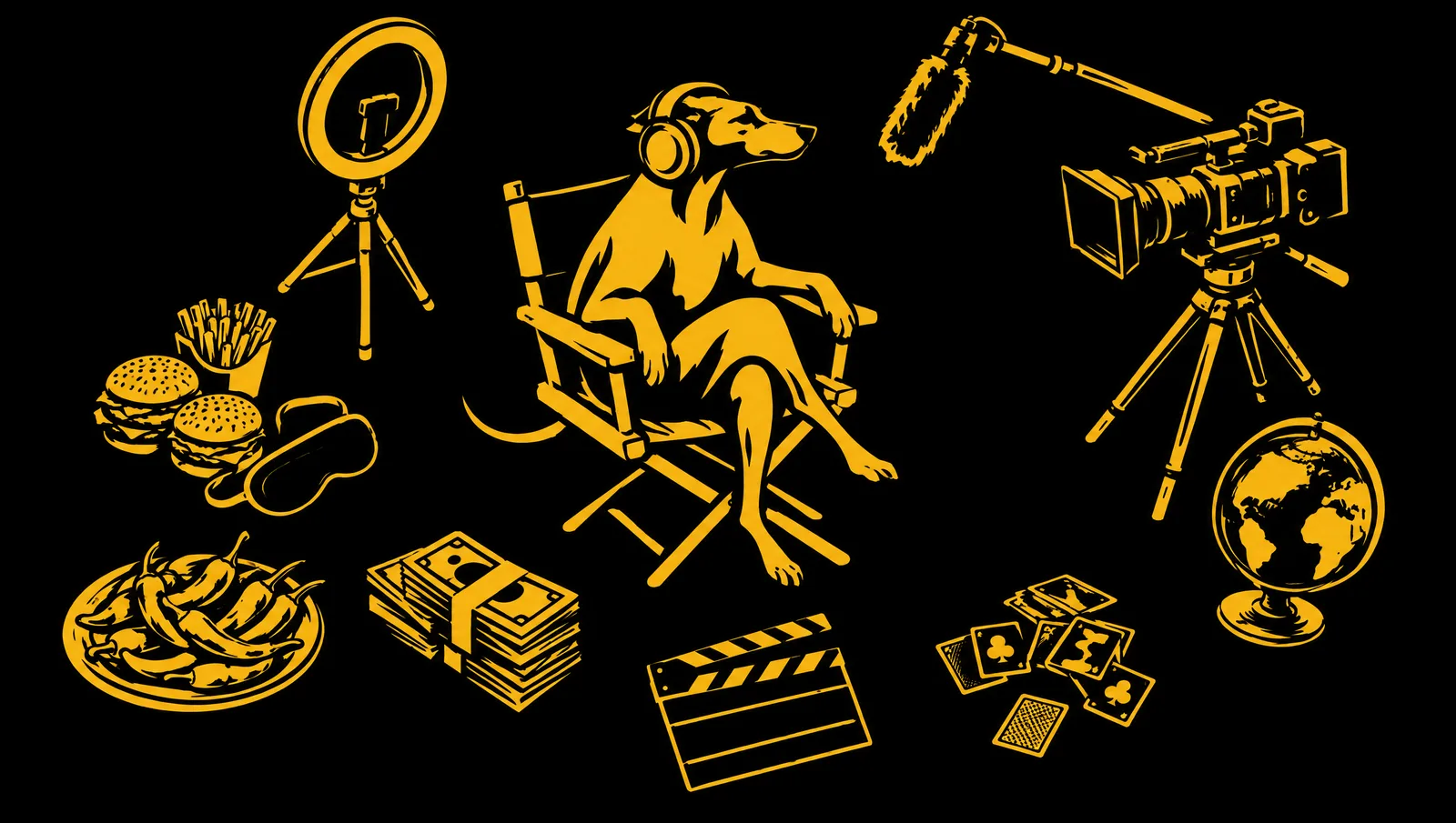 Ilustração do set de gravação com o caramelo na cadeira de diretor